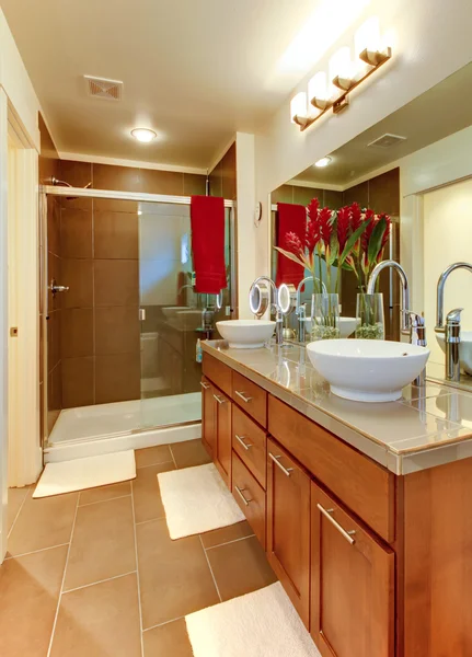Yeni modern kahverengi banyo ile yuvarlak lavabo. — Stok fotoğraf