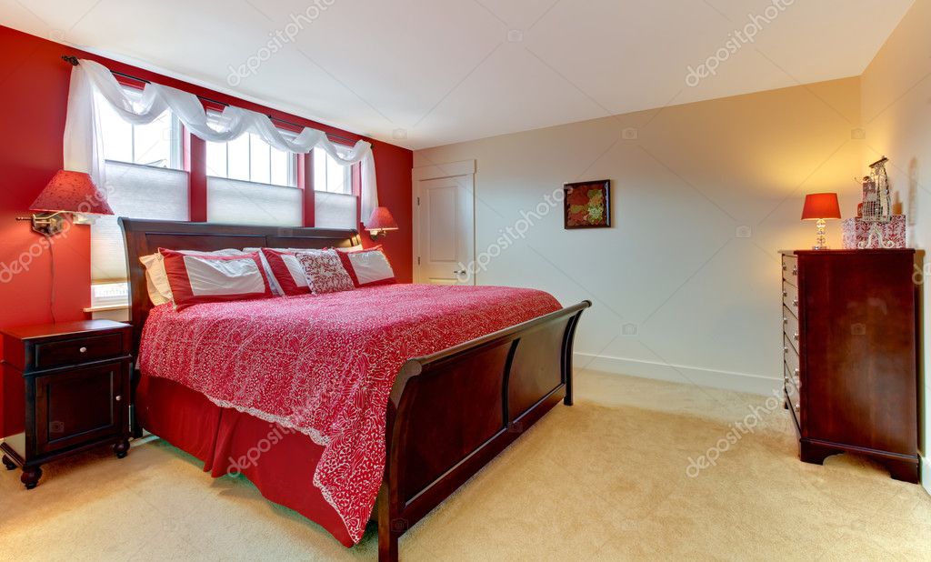 Master Red Romantic Bedroom With Beige Carpet Stock Photo