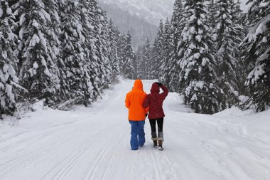 Couple walking mountain winter snow covered road. clipart