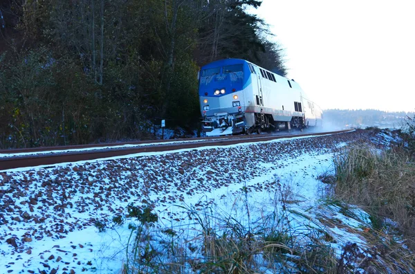 Amerikaanse trein gaan in de buurt van westkust in de sneeuw. — Stockfoto