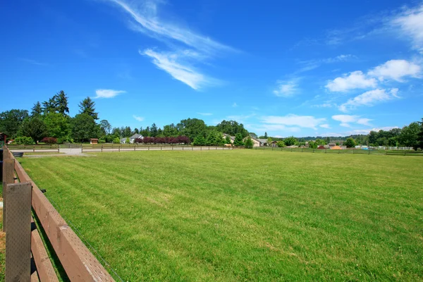 Grand pâturage clôturé avec herbe verte printanière . — Photo