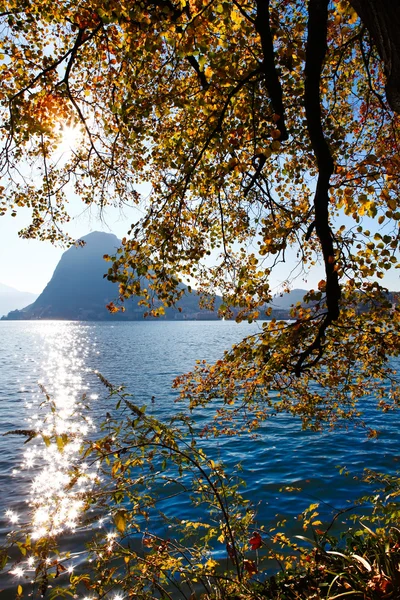 Lago Lugano com árvores de queda. Suíça . — Fotografia de Stock