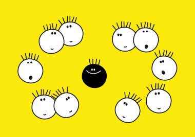 Black tadpole surrounded by white funny creatures clipart