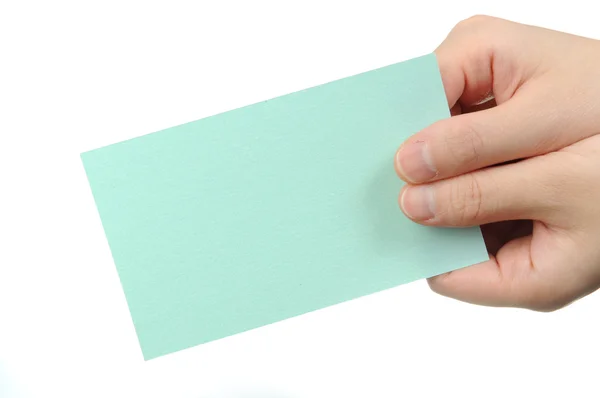 Empty light green business card in a woman's hand — Stock Photo, Image