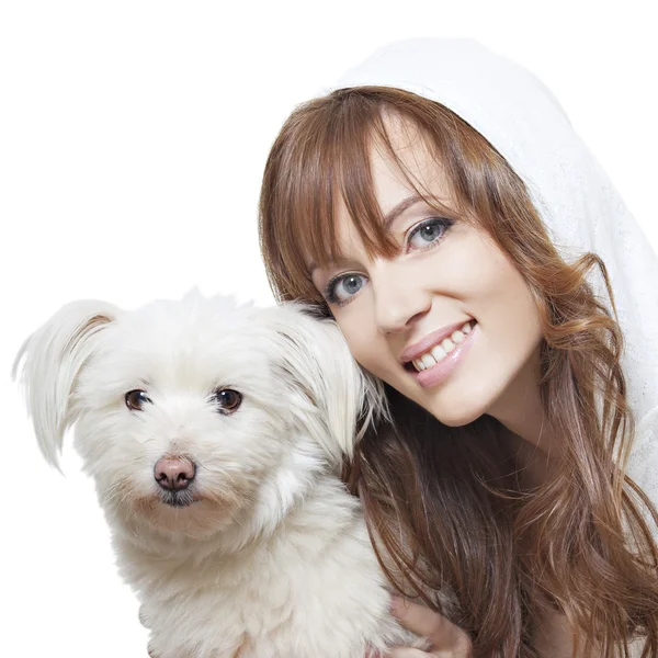 stock image Beautiful girl with perfect skin with a white fluffy dog