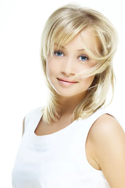 Beautiful girl with perfect skin, blond hair and blue eyes — Stock Photo, Image