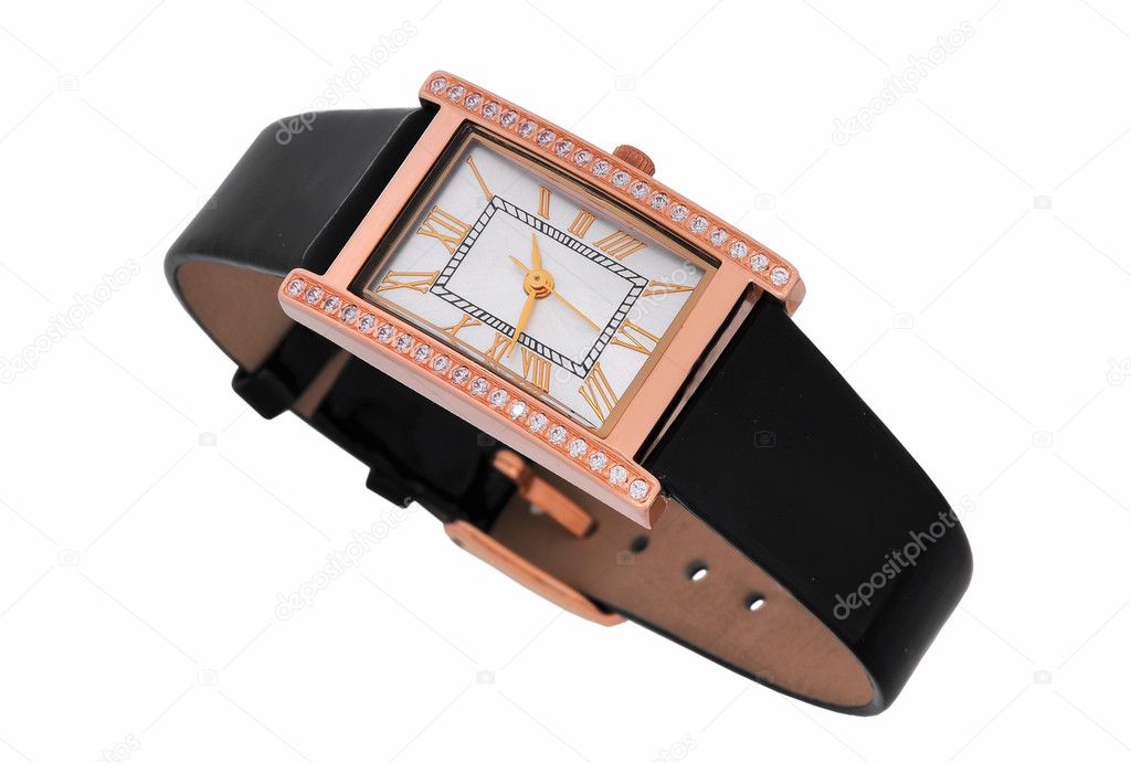 Gold men's watch with diamonds on a white background