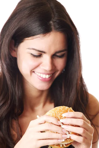 Nő enni burger — Stock Fotó