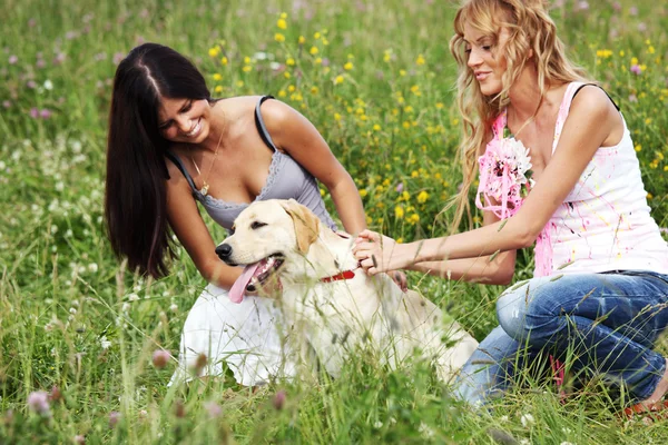 Girlfriends and dog — Stock Photo, Image