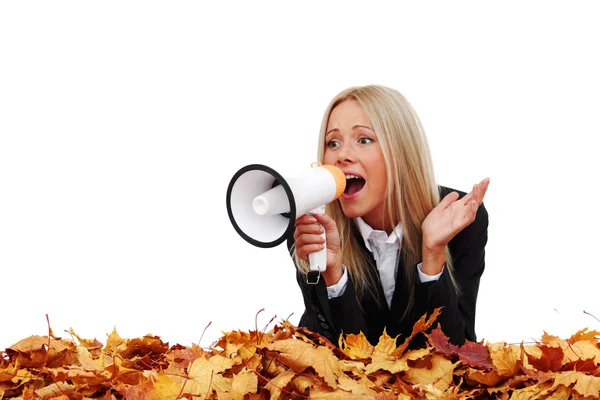 Autumn businesswoman with megaphone — Stock Photo, Image