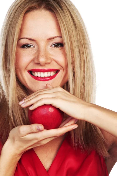 Женщина и красное яблоко — стоковое фото