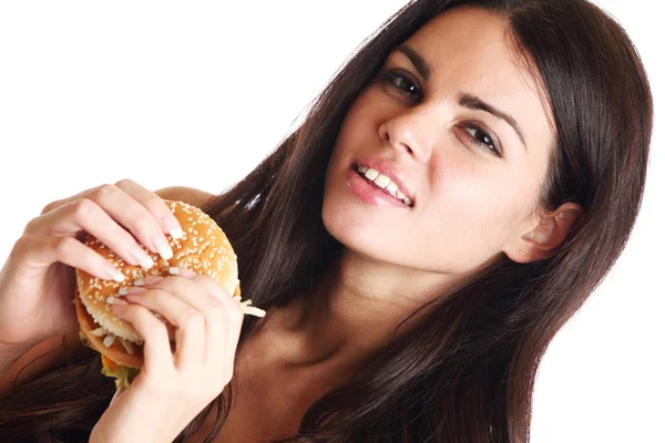 Mulher come hambúrguer — Fotografia de Stock
