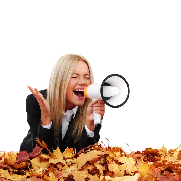 Herbst-Geschäftsfrau mit Megafon — Stockfoto
