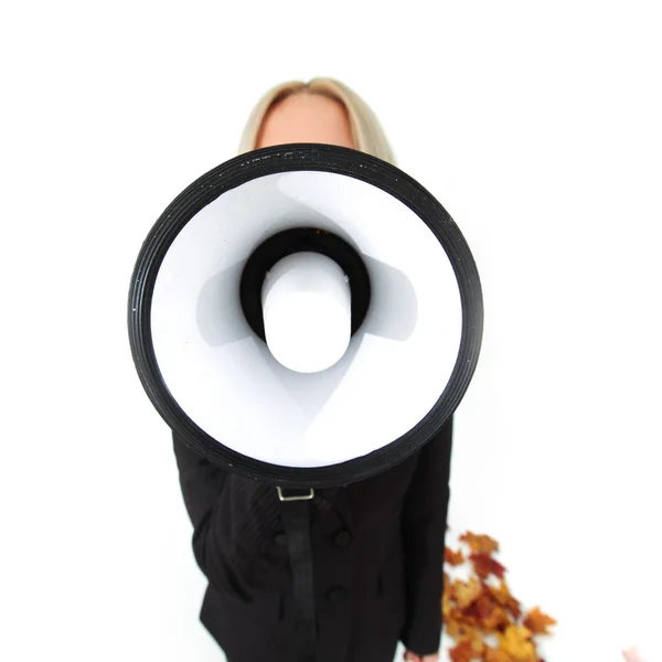 Bizneswoman z megafonem — Zdjęcie stockowe