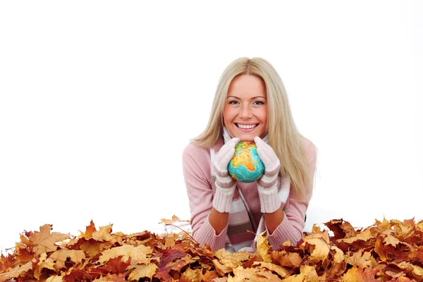 Woman take globe in hands — Stock Photo, Image