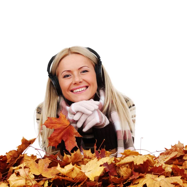 Autumn woman listening music Stock Picture