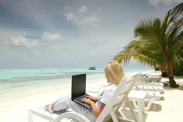 Tropical business woman with laptop — Stock Photo, Image