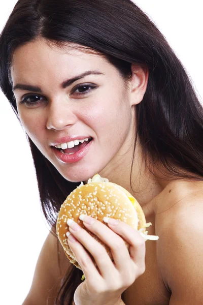 여자 먹는 햄버거 — 스톡 사진