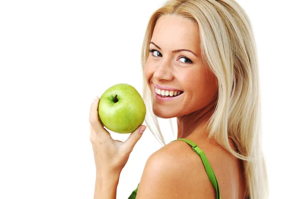 Mulher comer maçã verde Fotos De Bancos De Imagens