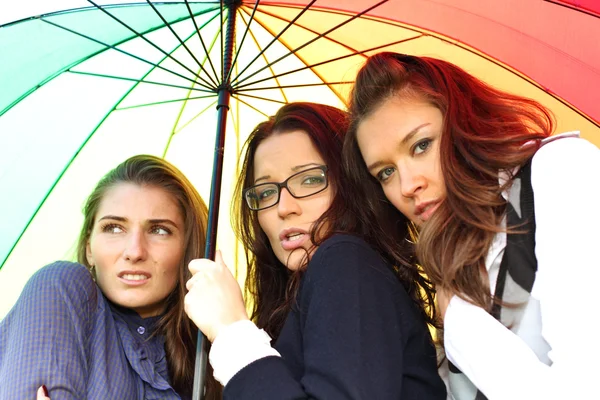 Girlfriends under umbrella — Stock Photo, Image