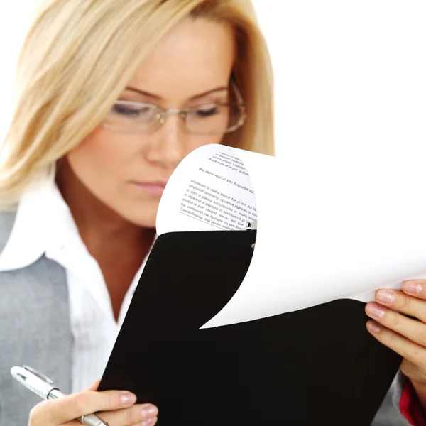 Business woman hold a folder and write — Stock Photo, Image