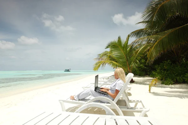 Wanita bisnis tropis dengan laptop — Stok Foto