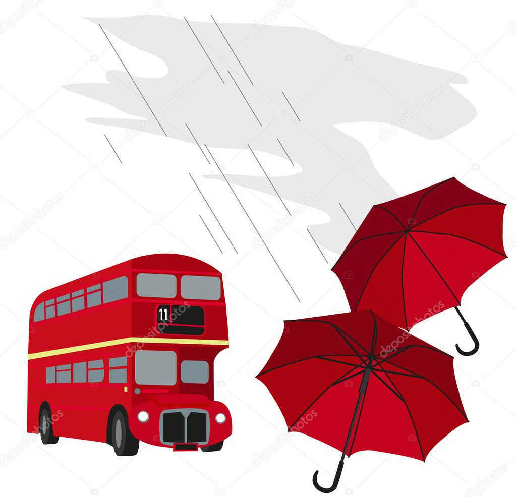 London Bus and Umbrellas