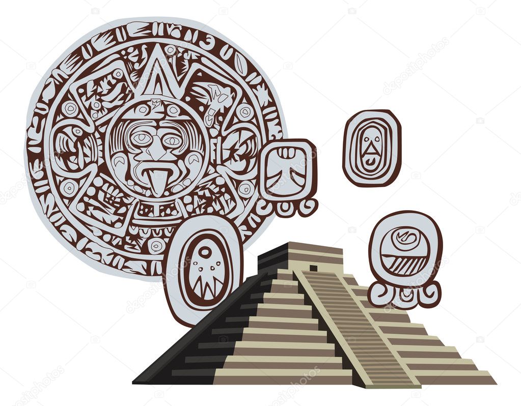 Antique Mayan Pyramid and Glyphs