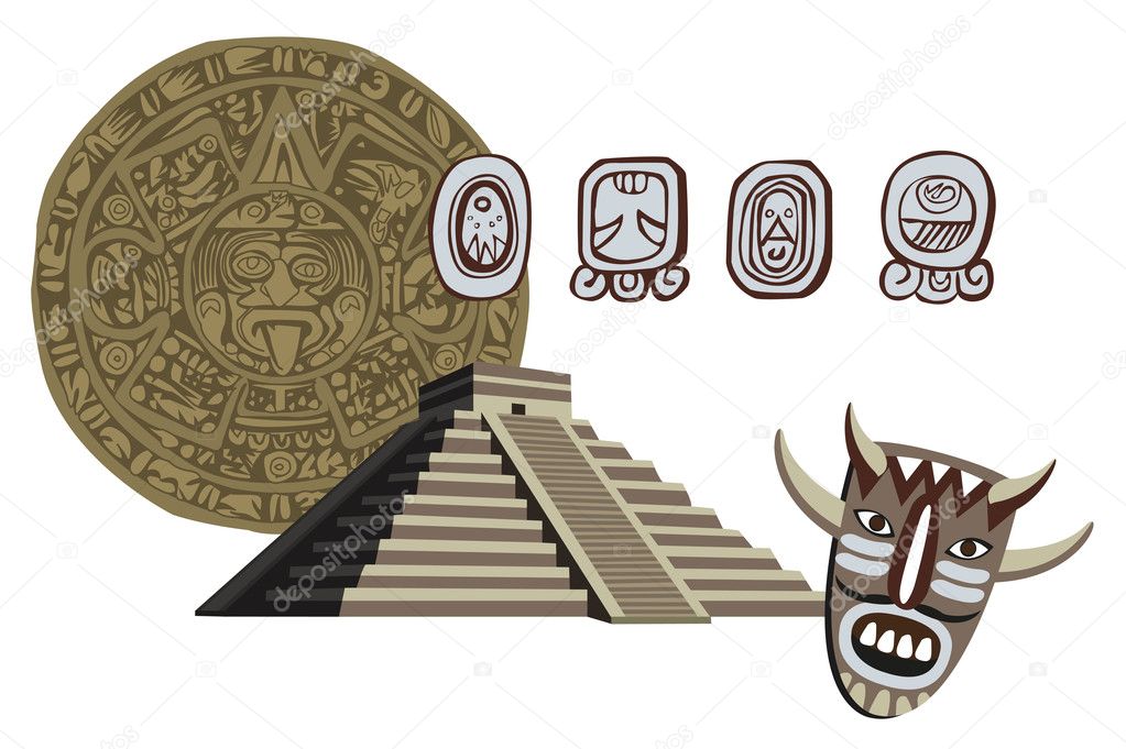 Antique Mayan Pyramid and Glyphs