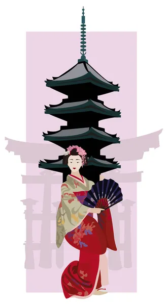Geisha en pagode tempel — Stockvector