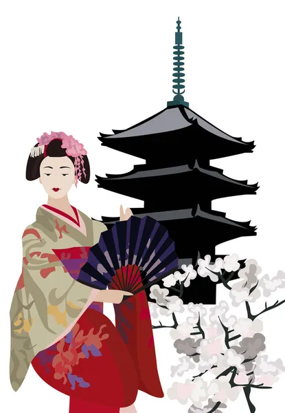 Geisha und Tempel der Pagode — Stockvektor
