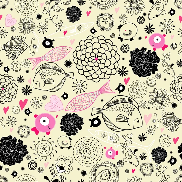 Λουλουδάτο μοτίβο με τα ψάρια — Διανυσματικό Αρχείο