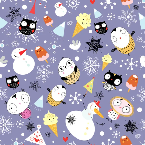 Snow texture with owls and snowmen — Stock Vector