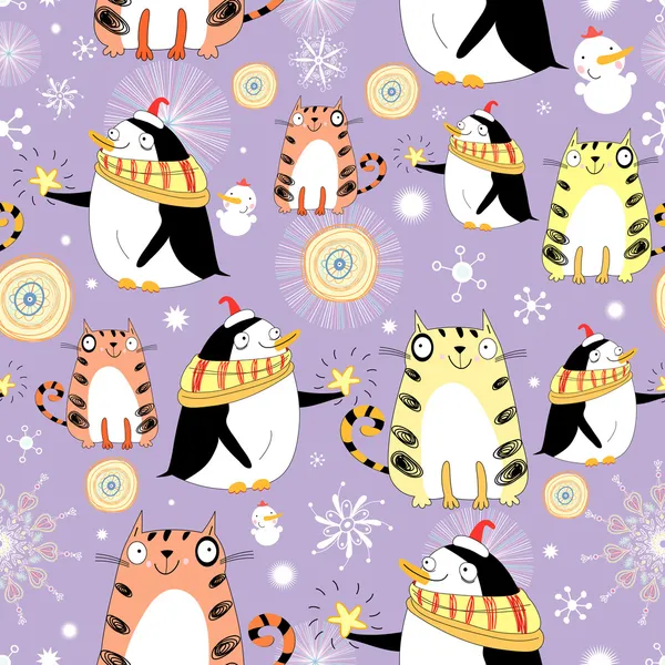 Texture drôle avec des chats et des pingouins — Image vectorielle