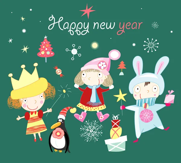 Cartão de felicitações Natal com crianças —  Vetores de Stock