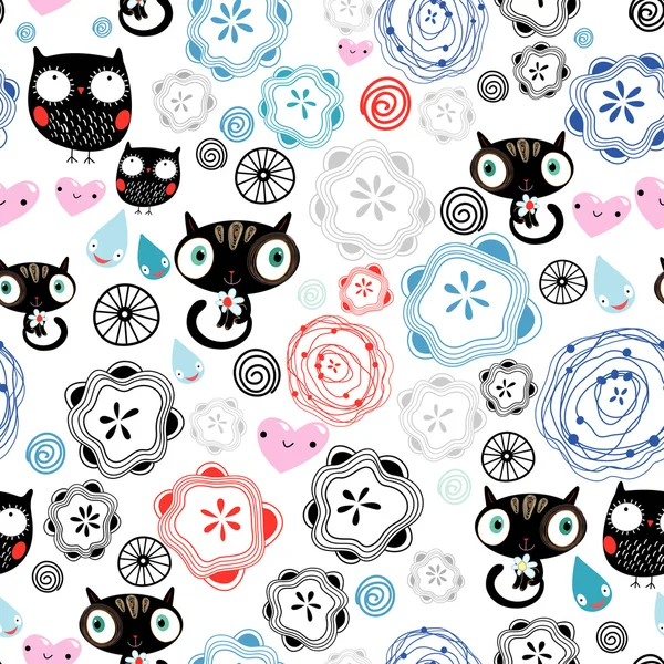 Modèle abstrait avec chatons et hiboux — Image vectorielle