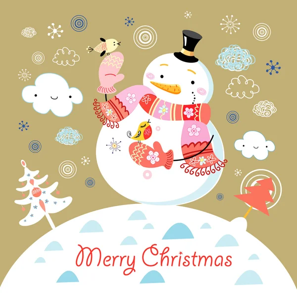 Cartão de saudação com um boneco de neve alegre —  Vetores de Stock