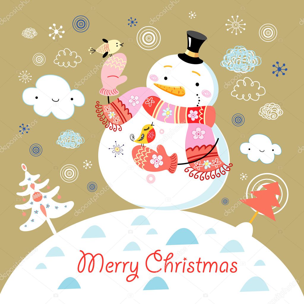 Greeting card with a cheerful snowman