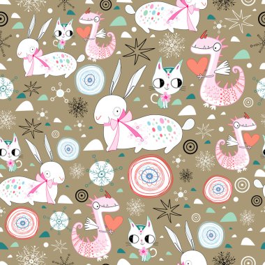 New Year's dragon texture of rabbits and cats clipart