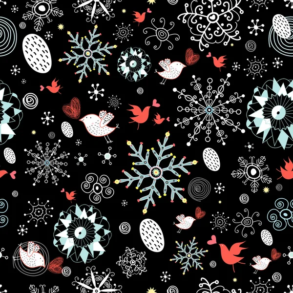 Zimní vzor sněhové vločky a ptáků — Stockový vektor
