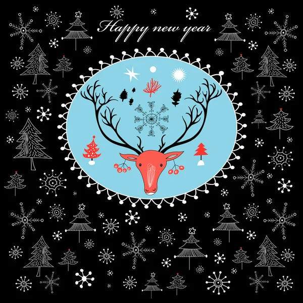 O cartão de saudação de Ano Novo com uma foto de um cervo —  Vetores de Stock