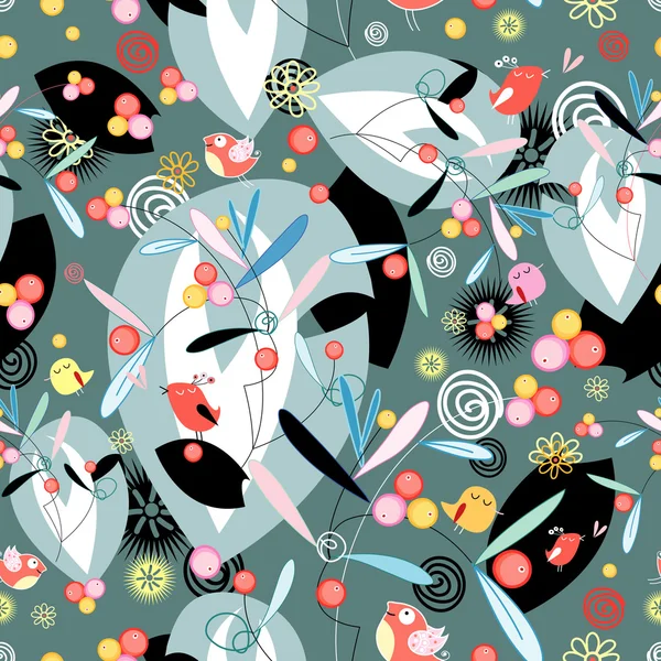 Patrón floral y abstracto con pájaros — Archivo Imágenes Vectoriales