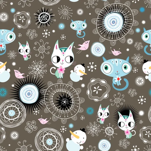 子猫や雪だるまと装飾的なテクスチャ — ストックベクタ