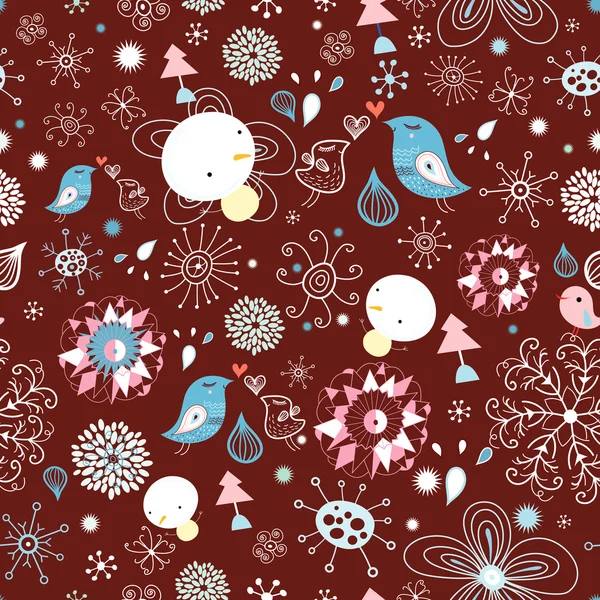Winter pattern of birds and snowflakes — Stock Vector