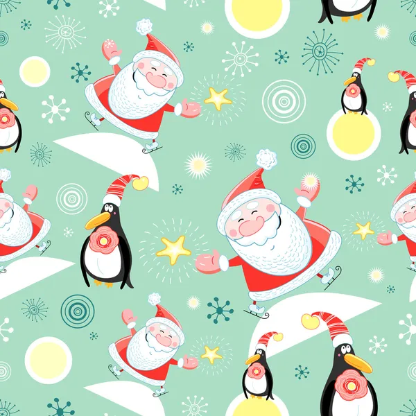 Nahtloses Muster von Weihnachtsmann und Pinguinen — Stockvektor