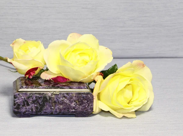 Rosas amarelas em um caixão lilás em um fundo cinza — Fotografia de Stock