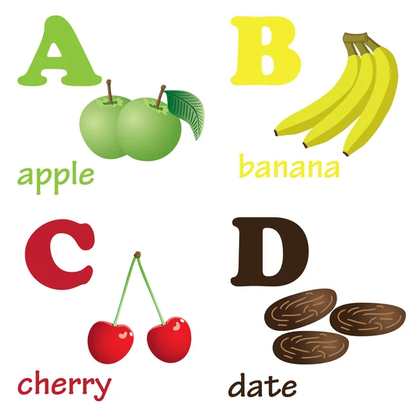 Alphabet letters A-D with fruits. — Stock Vector