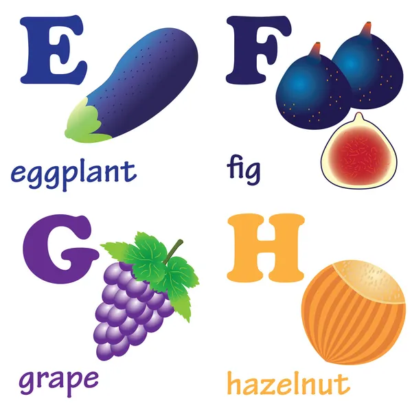 Lettere alfabetiche E-H con frutti . — Vettoriale Stock