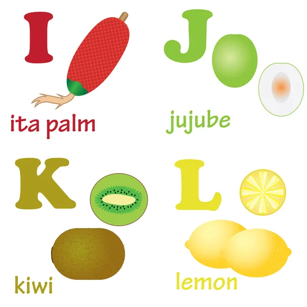 Letras del alfabeto I-L con frutas . — Vector de stock