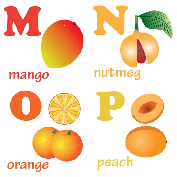 Alfabet litery m-p z owocami. — Wektor stockowy